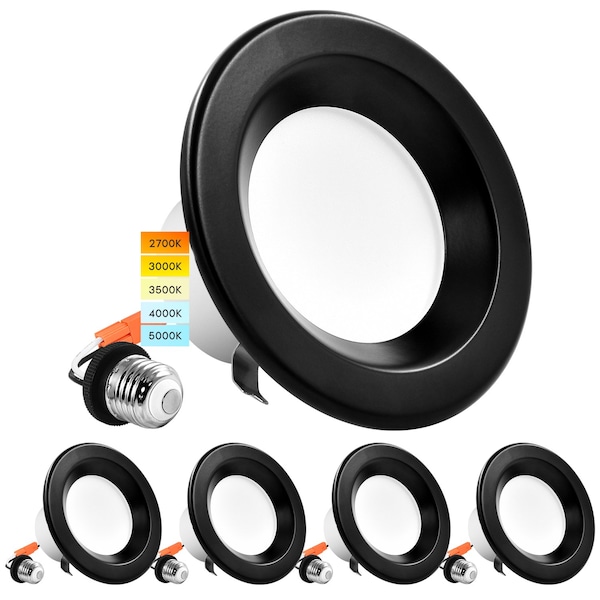 Luxrite 4" LED Recessed Can Lights 5 CCT 2700K-5000K 10W (60W Equivalent) 750LM Dimmable Black 4-Pack LR23790 LR23792-4PK - main
